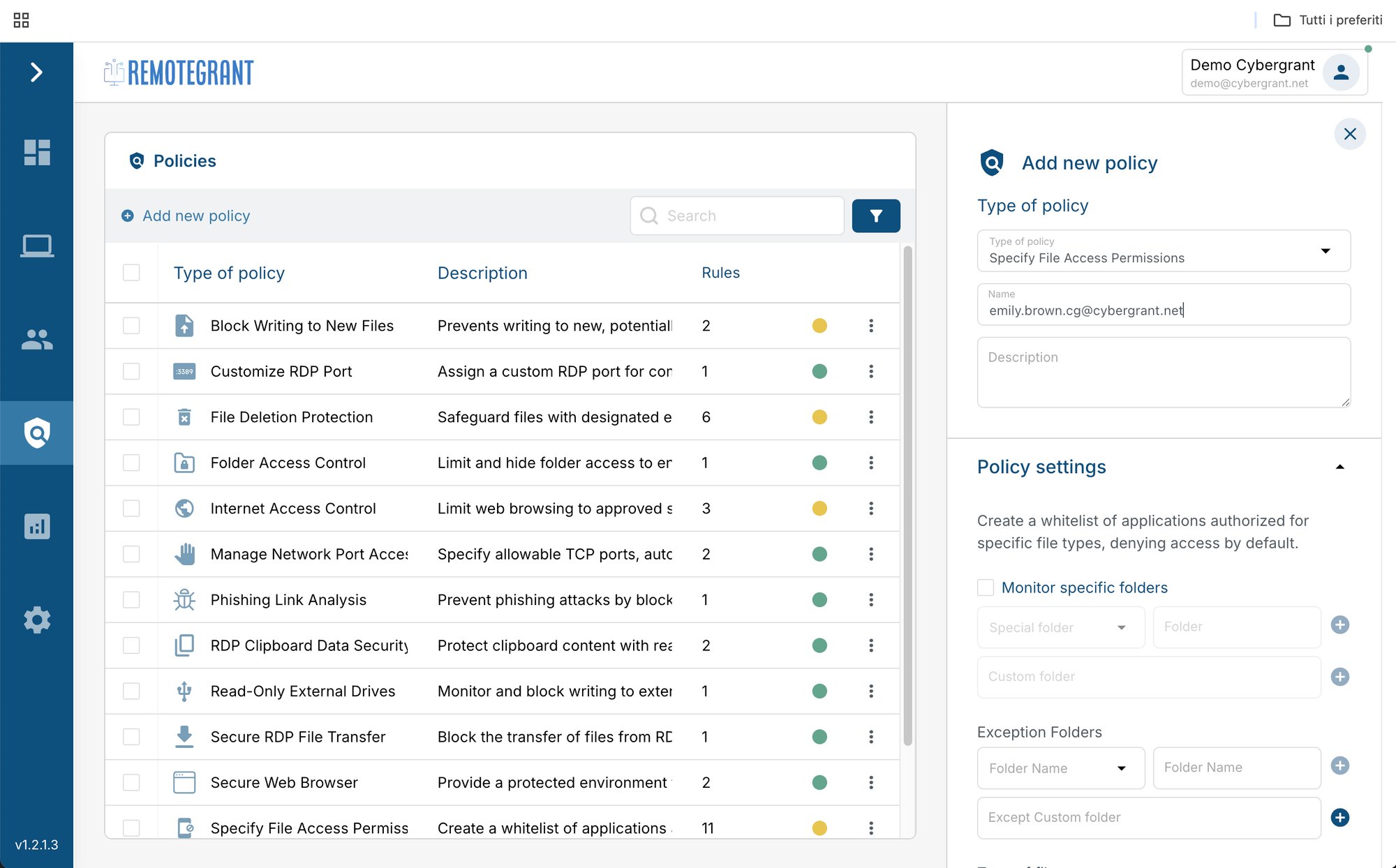 CyberGrant_Security policy configuration screen in RemoteGrant for managing file permissions, data loss prevention, and threat controls.