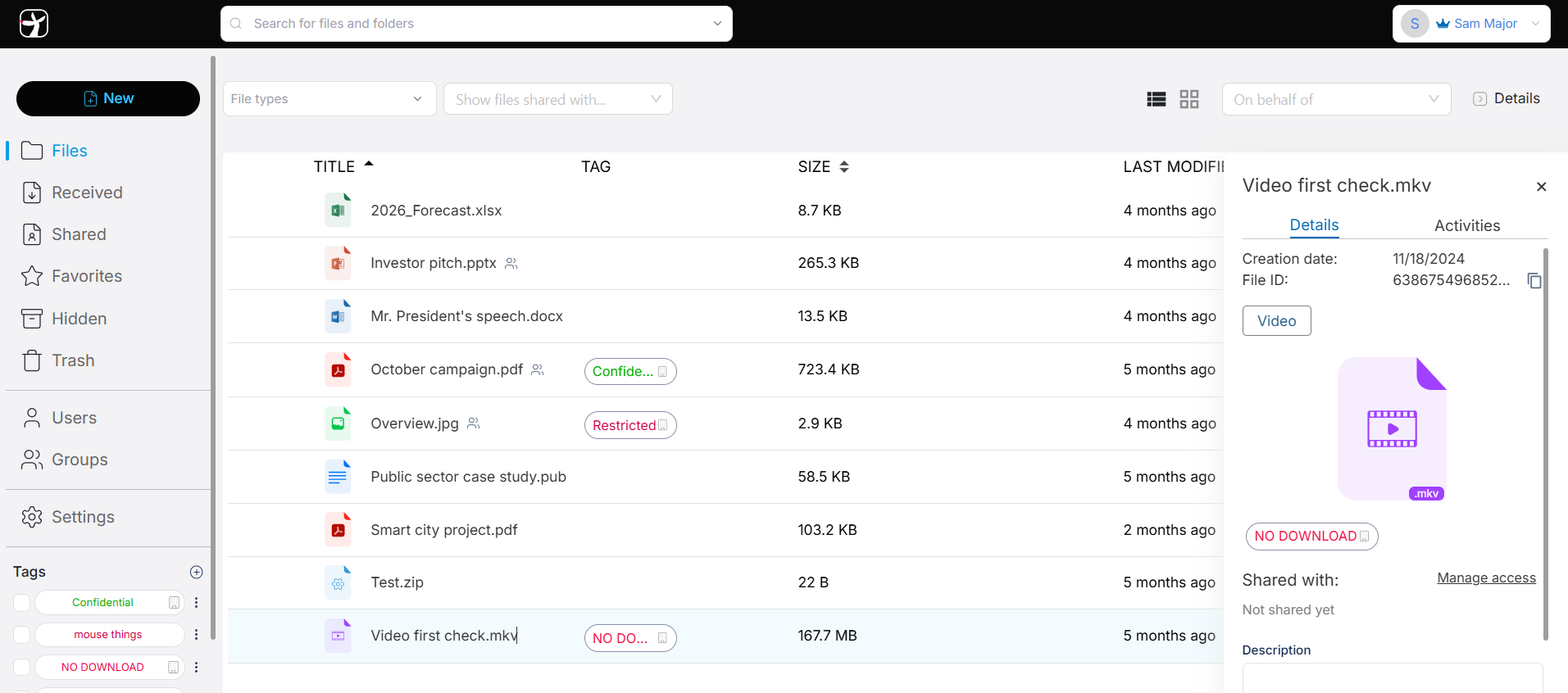 CyberGrant_FileGrant file manager interface showing labeled documents with data sensitivity tags and access restrictions for secure sharing.